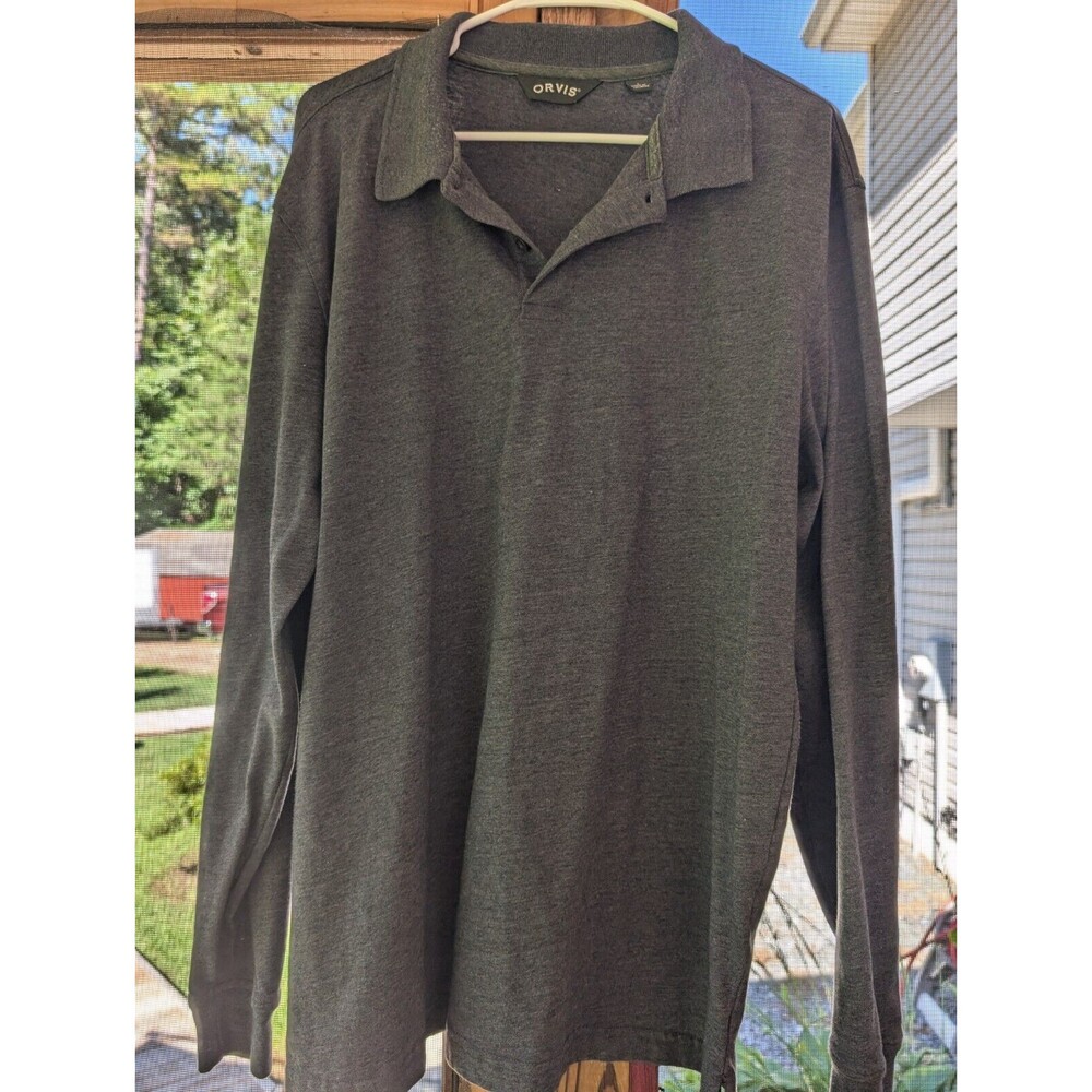 Orvis Men's L polo Long Sleeve Dark Gray pullover Large 55% Cotton 45% Polyester